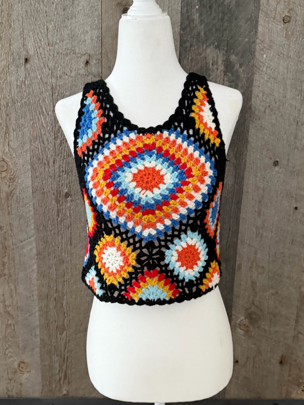 Altar'd State Black Crochet Tank with Multicolor Medallions